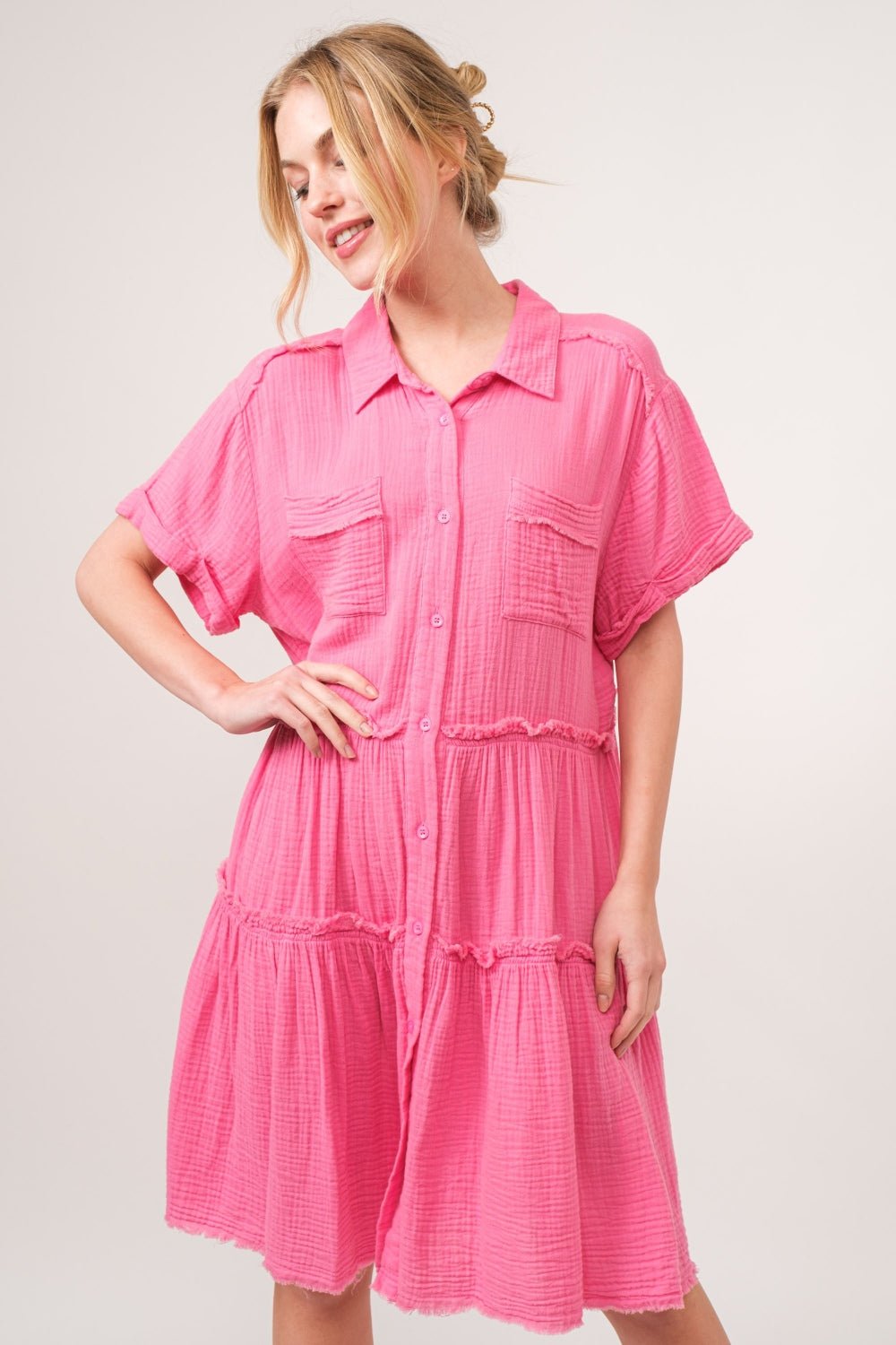 And the Why - Raw Edge Washed Cotton Tiered Knee - Length Shirt Dress in Pink