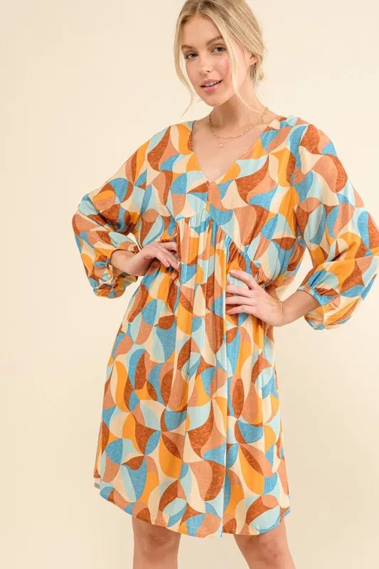 And the Why - Retro Geo Print Mini Dress in Rust & Sky Blue