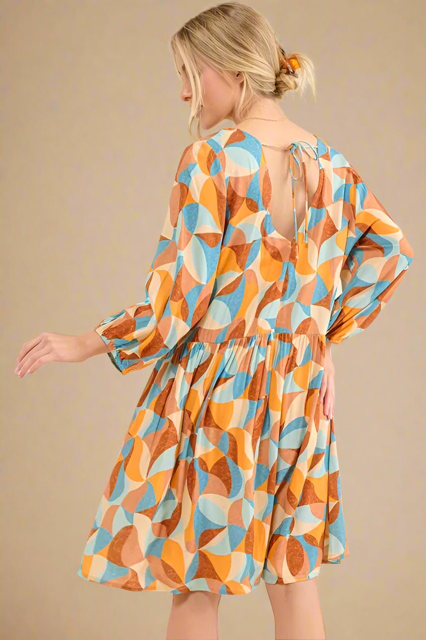 And the Why - Retro Geo Print Mini Dress in Rust & Sky Blue