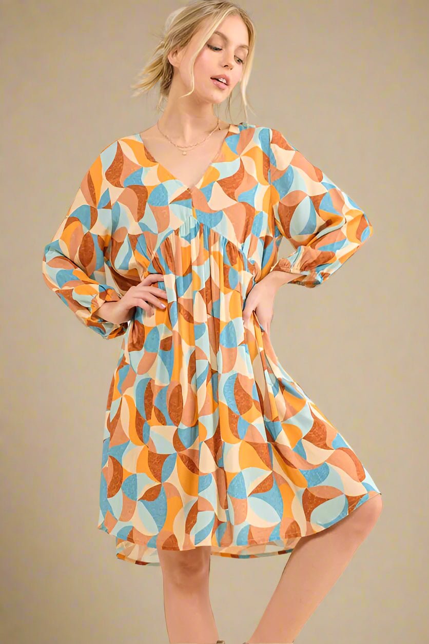 And the Why - Retro Geo Print Mini Dress in Rust & Sky Blue