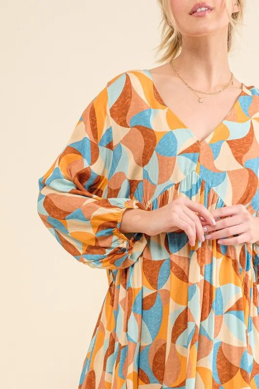 And the Why - Retro Geo Print Mini Dress in Rust & Sky Blue