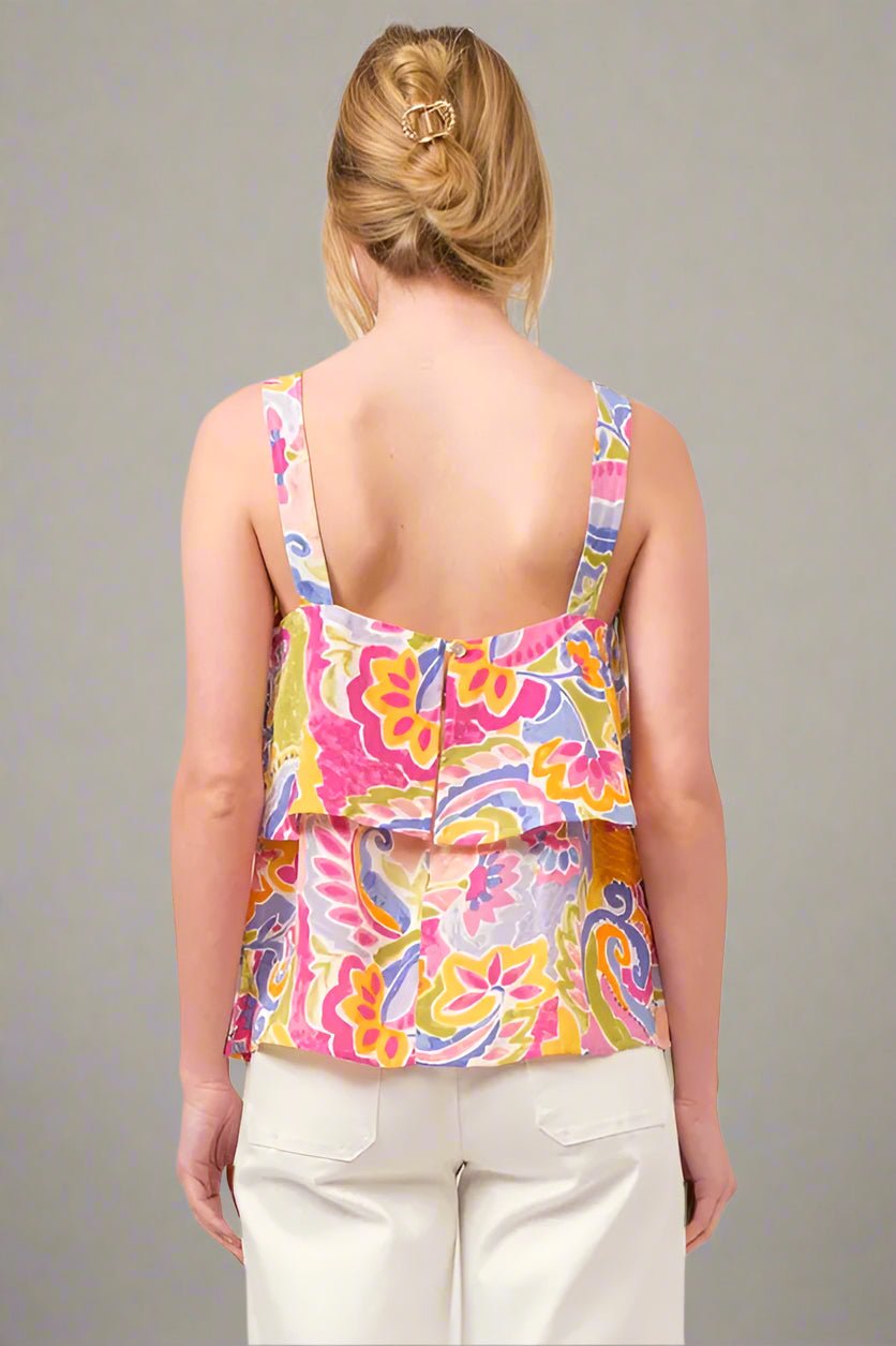 And the Why - Ruffle Overlay Tank Top – Pink & Chartreuse Paisley