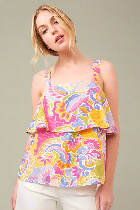 And the Why - Ruffle Overlay Tank Top – Pink & Chartreuse Paisley