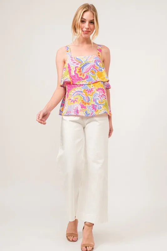 And the Why - Ruffle Overlay Tank Top – Pink & Chartreuse Paisley