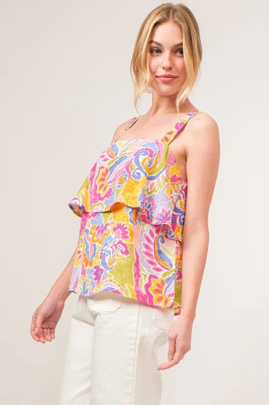 And the Why - Ruffle Overlay Tank Top – Pink & Chartreuse Paisley