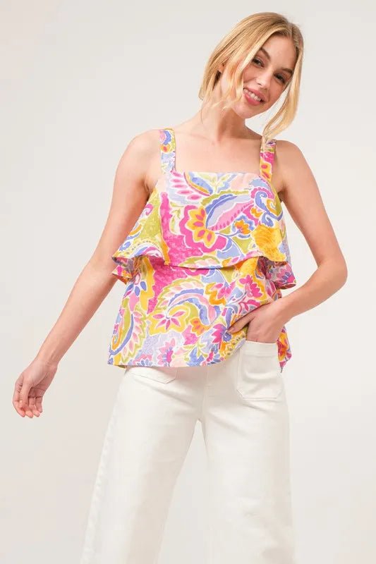 And the Why - Ruffle Overlay Tank Top – Pink & Chartreuse Paisley