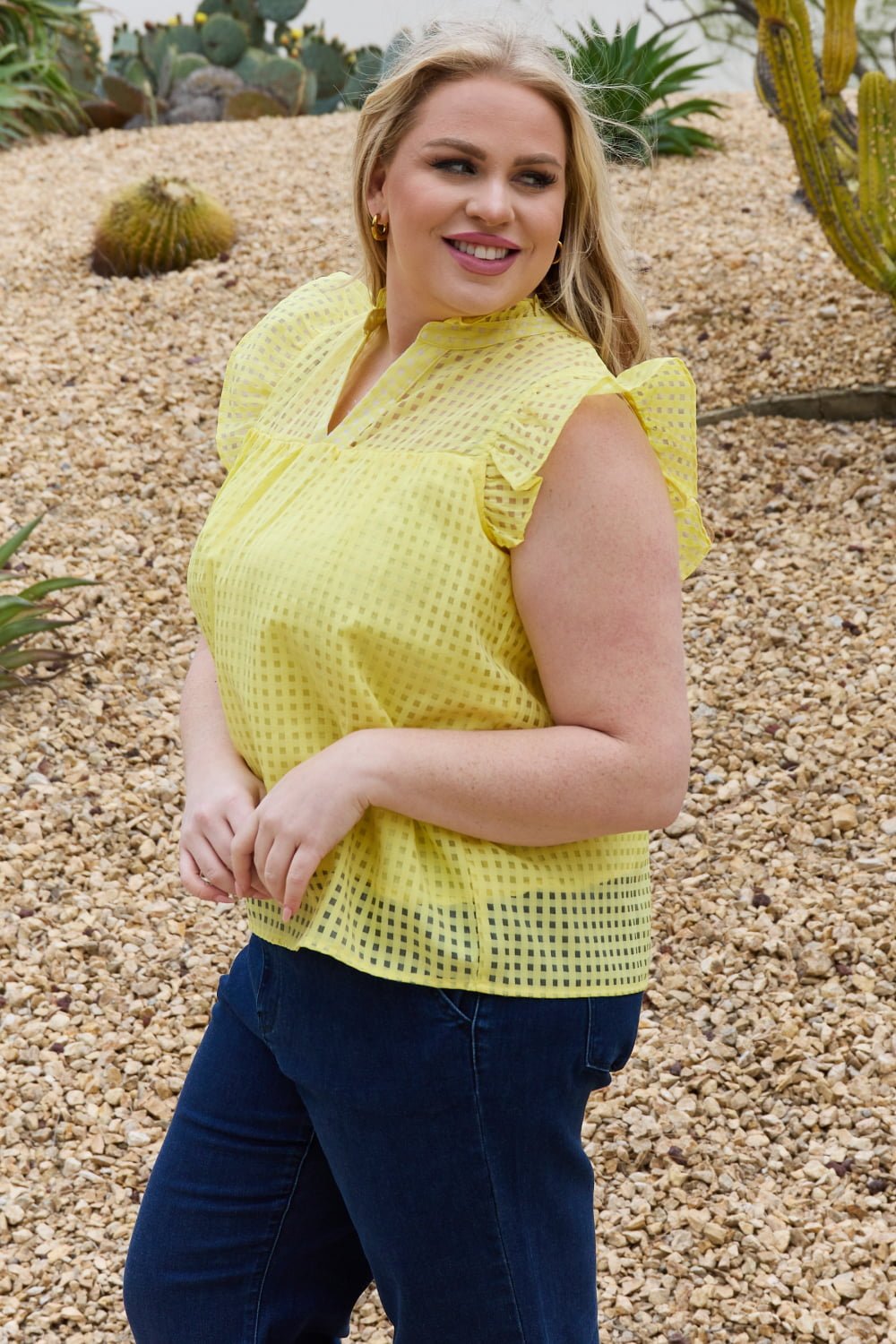 And the Why - Ruffle Sleeve Grid Print Top in Yellow