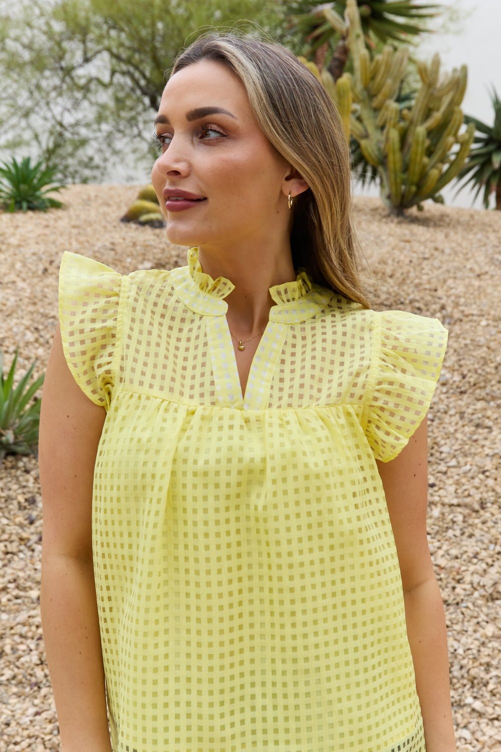 And the Why - Ruffle Sleeve Grid Print Top in Yellow