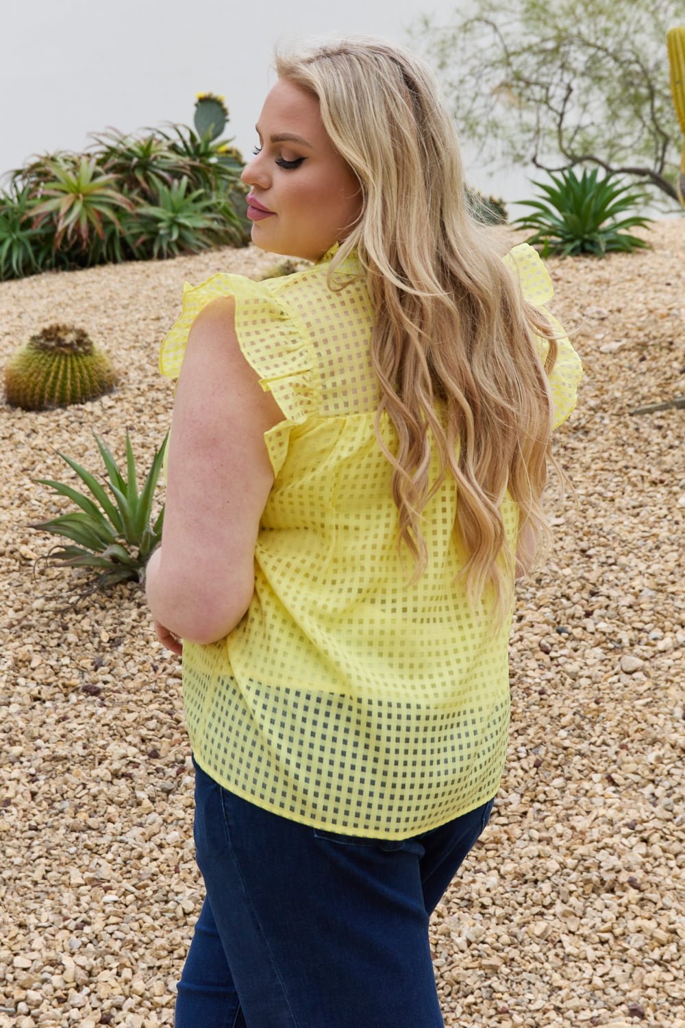 And the Why - Ruffle Sleeve Grid Print Top in Yellow