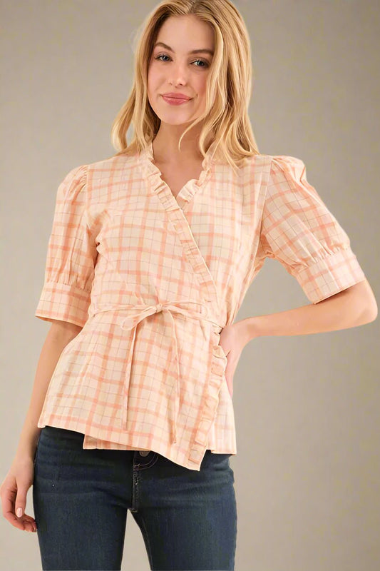 And the Why - Ruffle Trim Wrap Top in Soft Peach Plaid