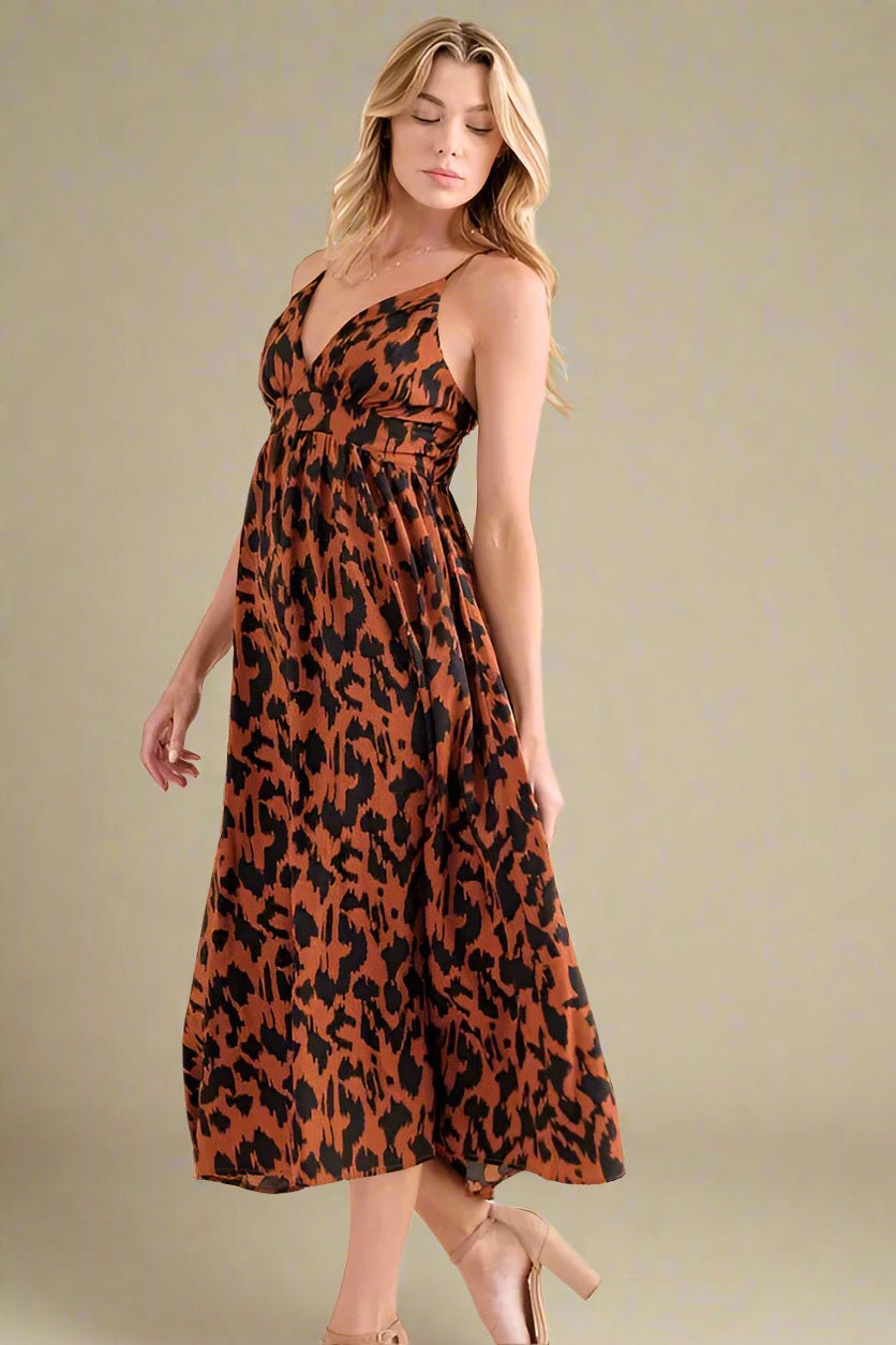 And the Why - Rust Leopard Print Midi Dress