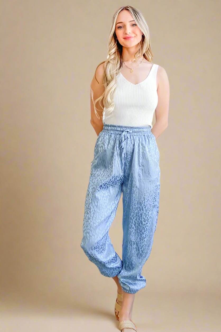 And the Why - Satin Leopard Drawstring Joggers – Dusty Blue