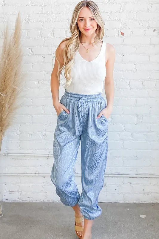 And the Why - Satin Leopard Drawstring Joggers – Dusty Blue