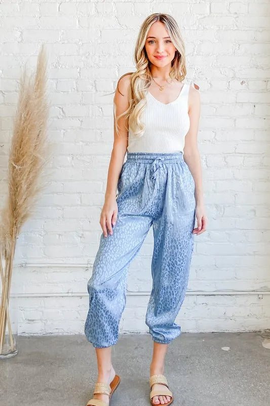 And the Why - Satin Leopard Drawstring Joggers – Dusty Blue