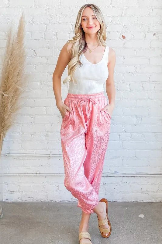 And the Why - Satin Leopard Drawstring Joggers – Pink Coral