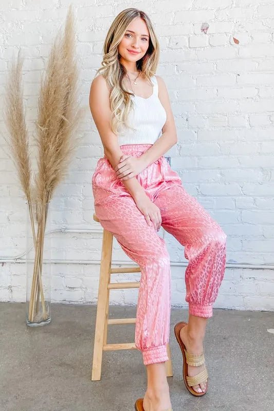 And the Why - Satin Leopard Drawstring Joggers – Pink Coral