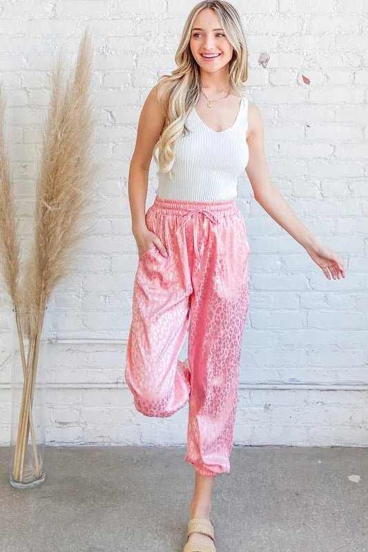 And the Why - Satin Leopard Drawstring Joggers – Pink Coral