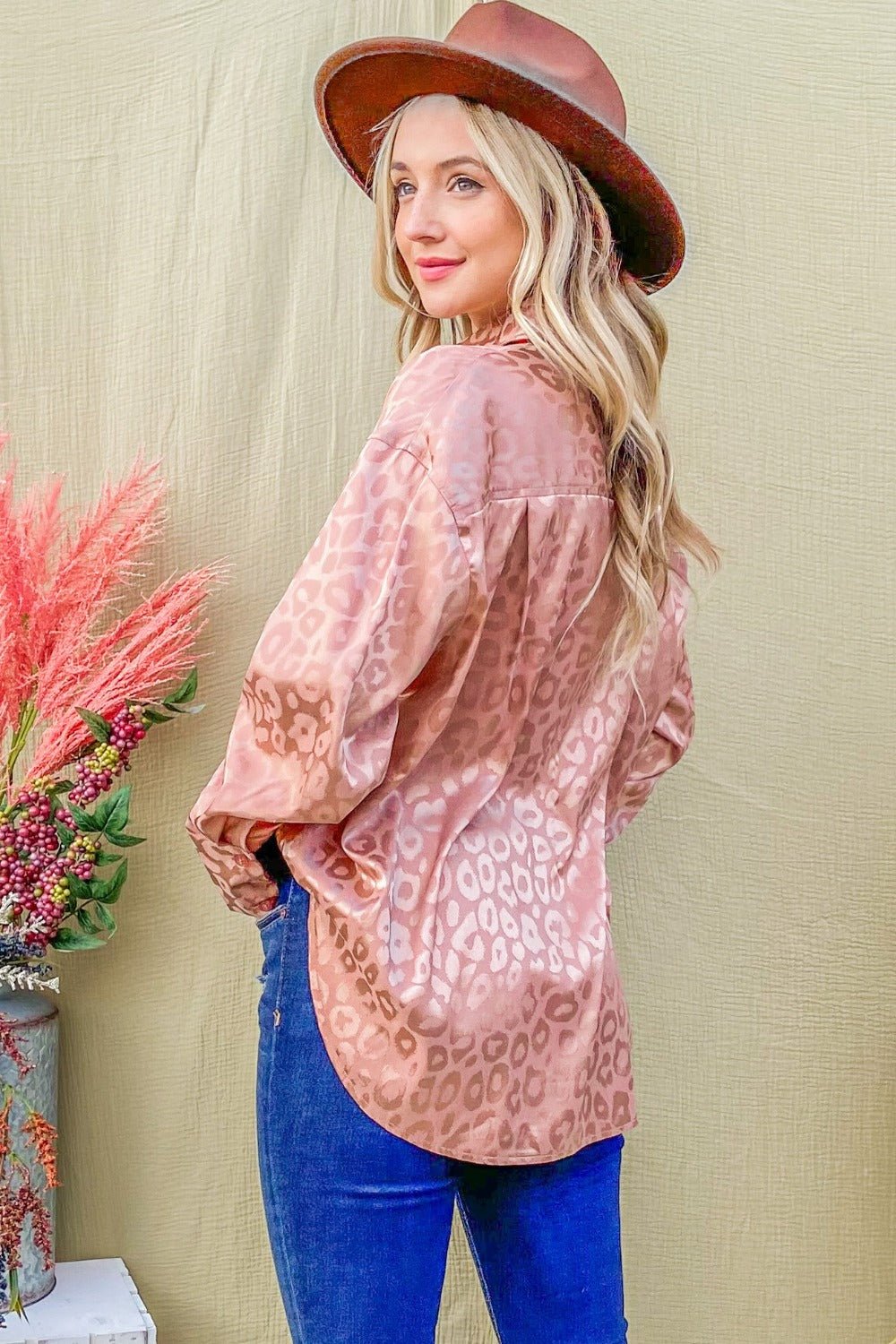 And the Why - Satin Leopard Print Button Up Curved Hem Shirt in Rose Gold