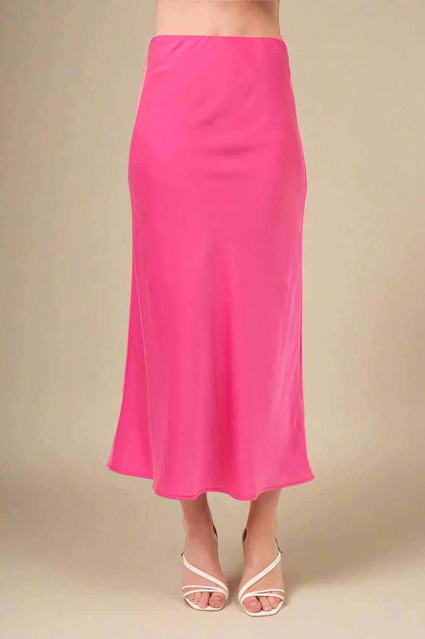 And the Why - Satin Midi Slip Skirt in Hot Pink