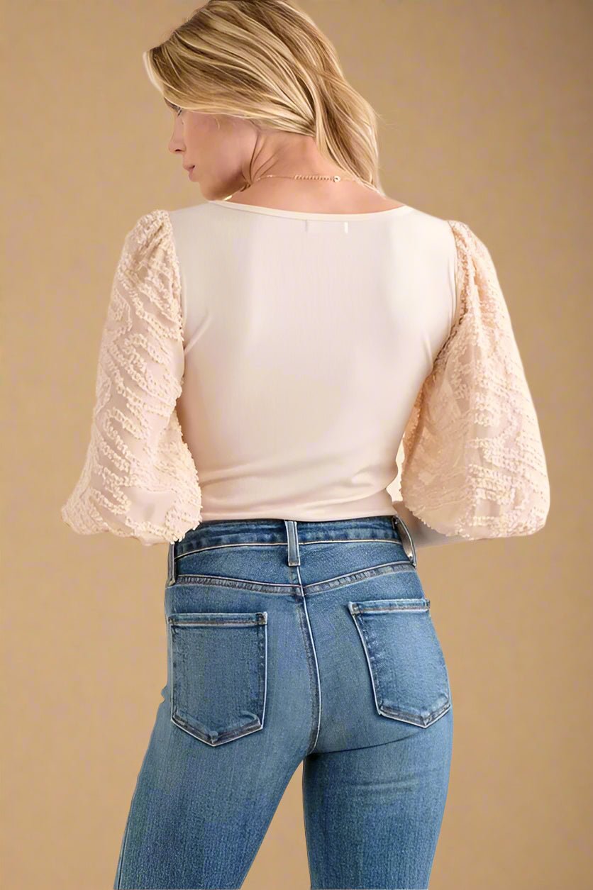 And the Why - Sheer Embroidered Sleeve Bodysuit in Champagne Ivory