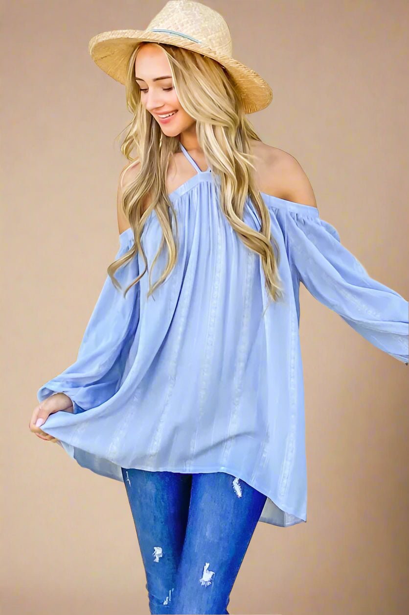 And the Why - Sky Blue Cold Shoulder Halter Top