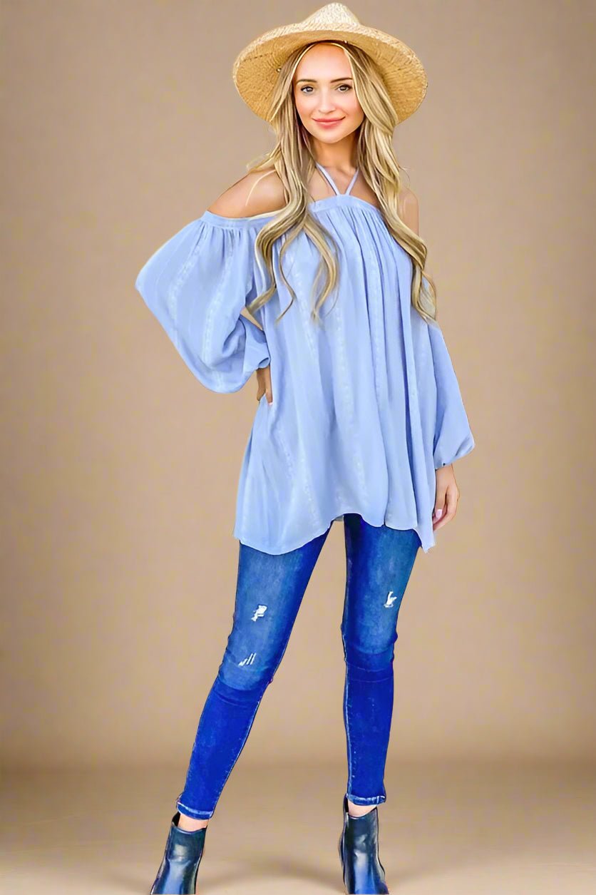 And the Why - Sky Blue Cold Shoulder Halter Top