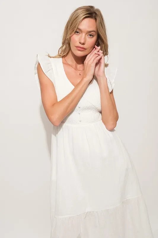 And the Why - Smocked Flutter Sleeve Midi Dress in Soft White