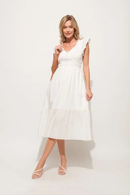 And the Why - Smocked Flutter Sleeve Midi Dress in Soft White