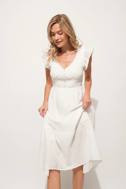 And the Why - Smocked Flutter Sleeve Midi Dress in Soft White