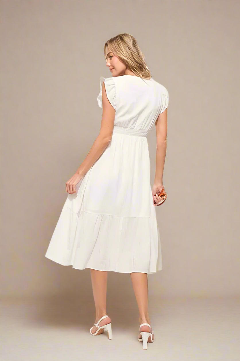 And the Why - Smocked Flutter Sleeve Midi Dress in Soft White