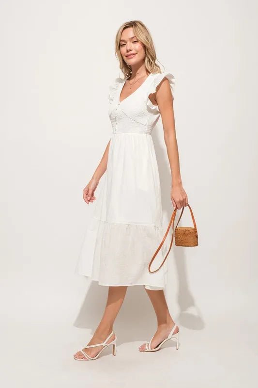And the Why - Smocked Flutter Sleeve Midi Dress in Soft White