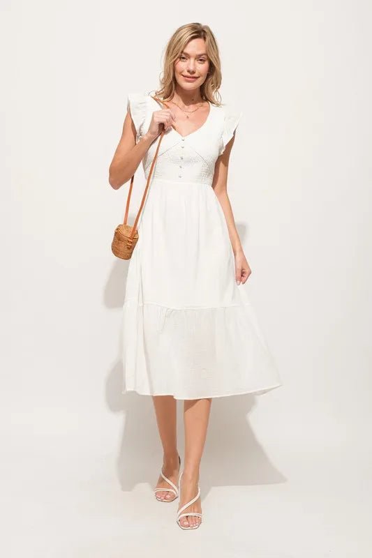 And the Why - Smocked Flutter Sleeve Midi Dress in Soft White