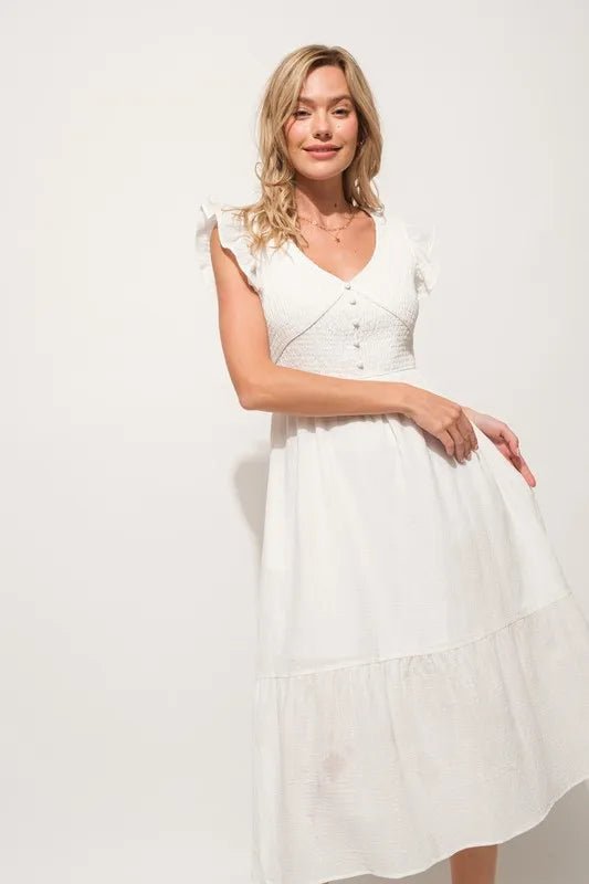 And the Why - Smocked Flutter Sleeve Midi Dress in Soft White