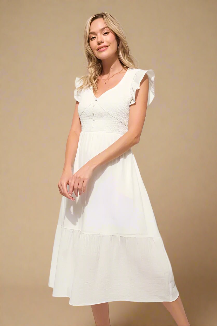 And the Why - Smocked Flutter Sleeve Midi Dress in Soft White