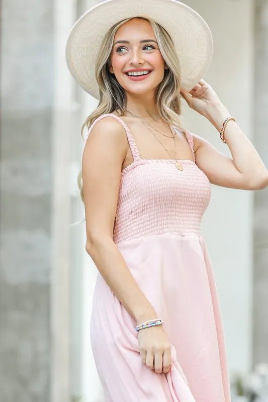And the Why - Smocked Midi Sundress in Soft Blush Pink