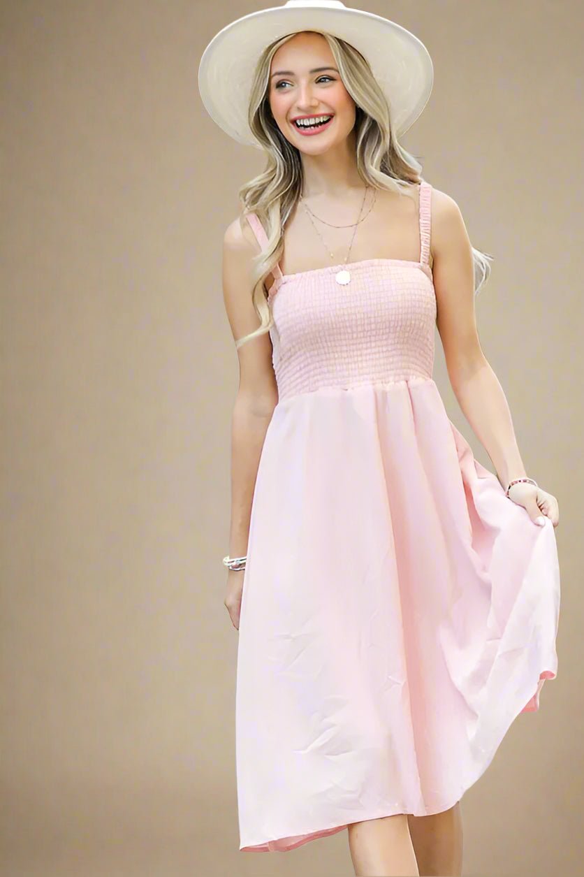 And the Why - Smocked Midi Sundress in Soft Blush Pink