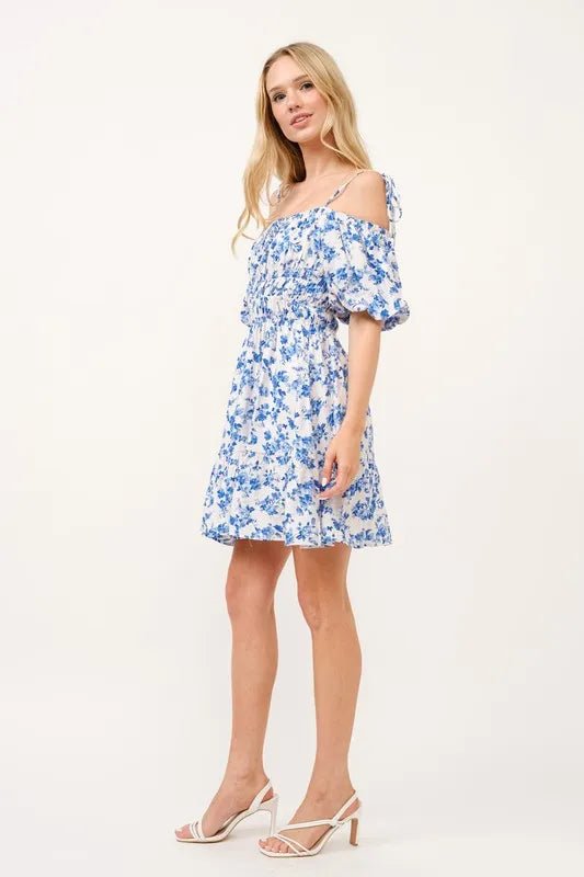 And the Why - Smocked Off Shoulder Mini Dress in White & Cobalt Floral