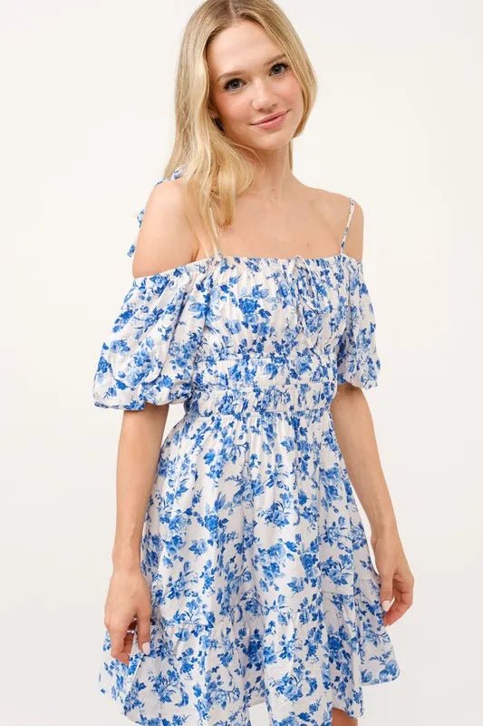 And the Why - Smocked Off Shoulder Mini Dress in White & Cobalt Floral