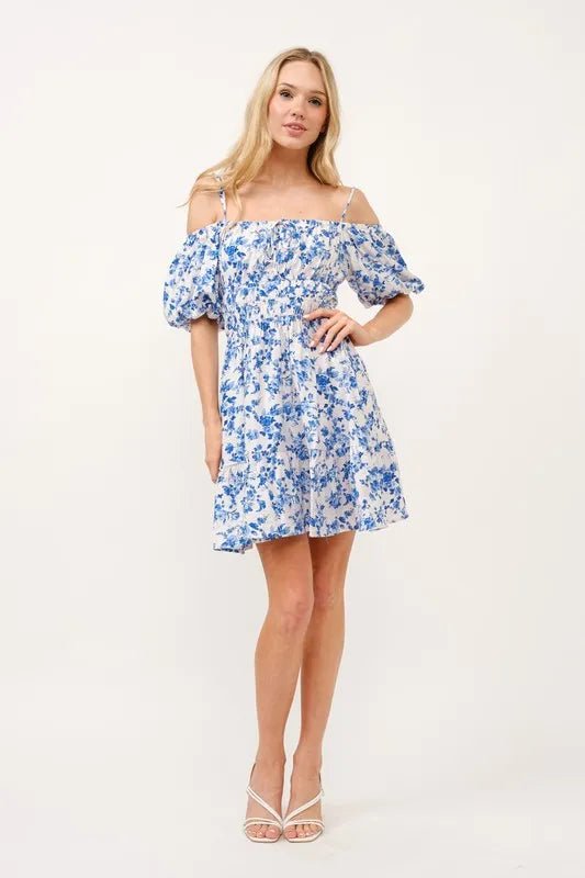 And the Why - Smocked Off Shoulder Mini Dress in White & Cobalt Floral