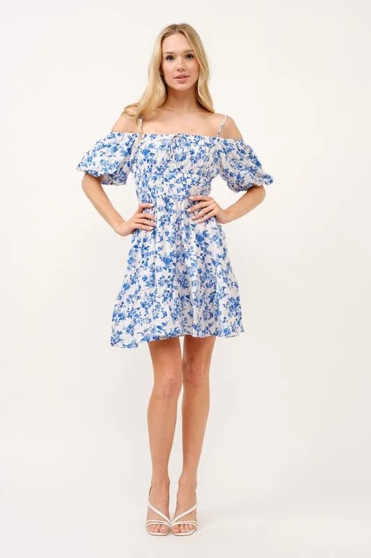 And the Why - Smocked Off Shoulder Mini Dress in White & Cobalt Floral