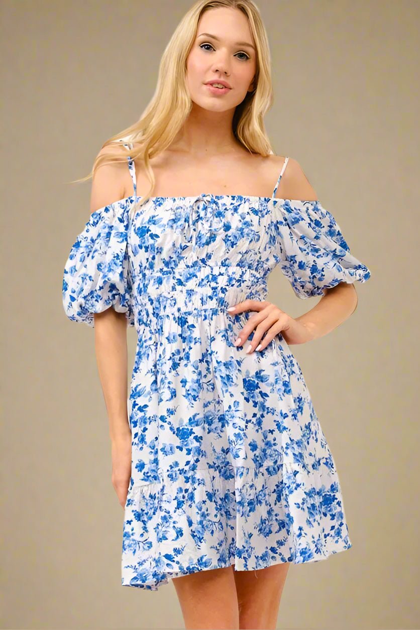 And the Why - Smocked Off Shoulder Mini Dress in White & Cobalt Floral