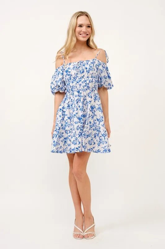 And the Why - Smocked Off Shoulder Mini Dress in White & Cobalt Floral