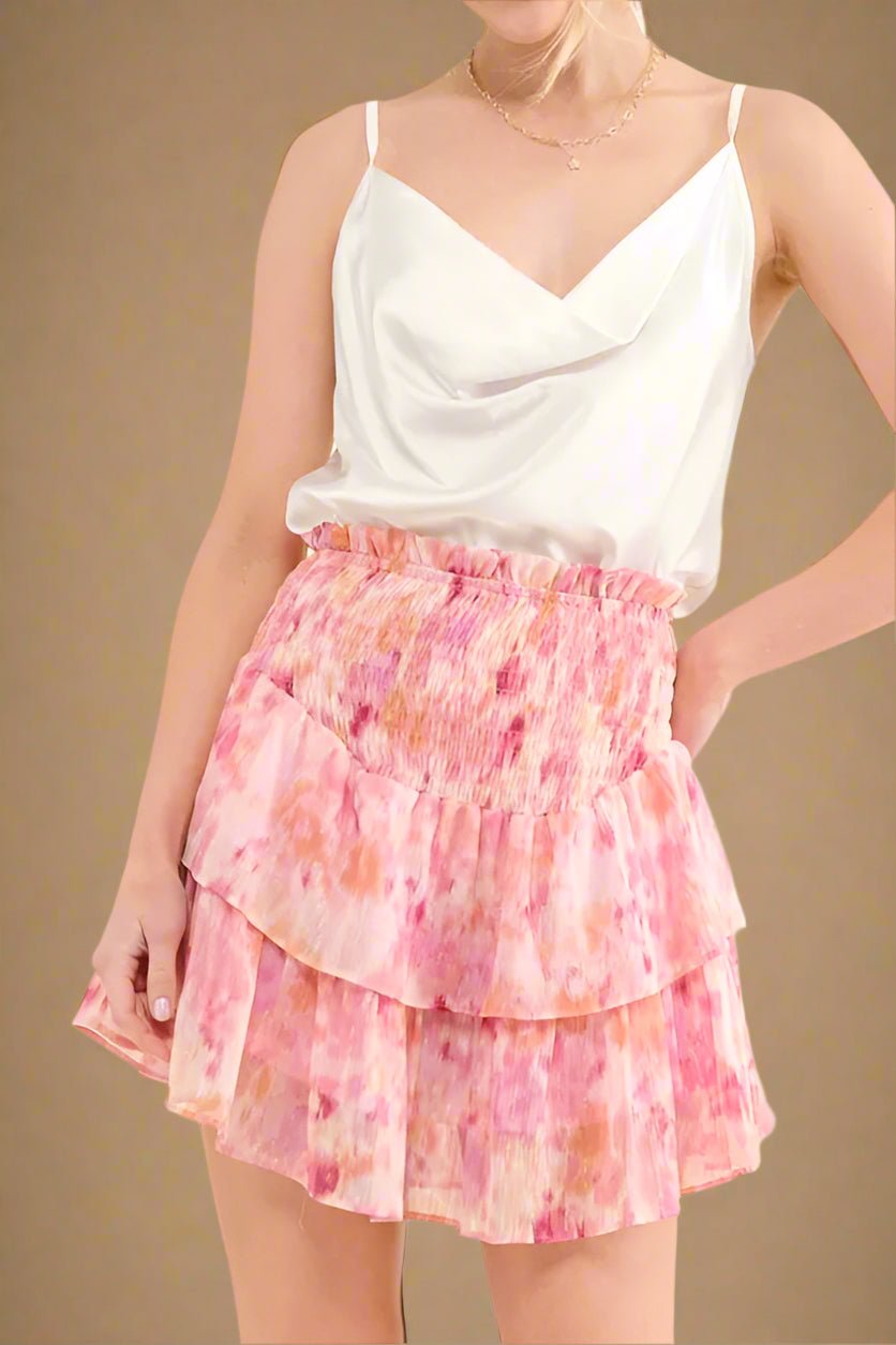 And the Why - Smocked Ruffle Mini Skort – Watercolor Pink Mix