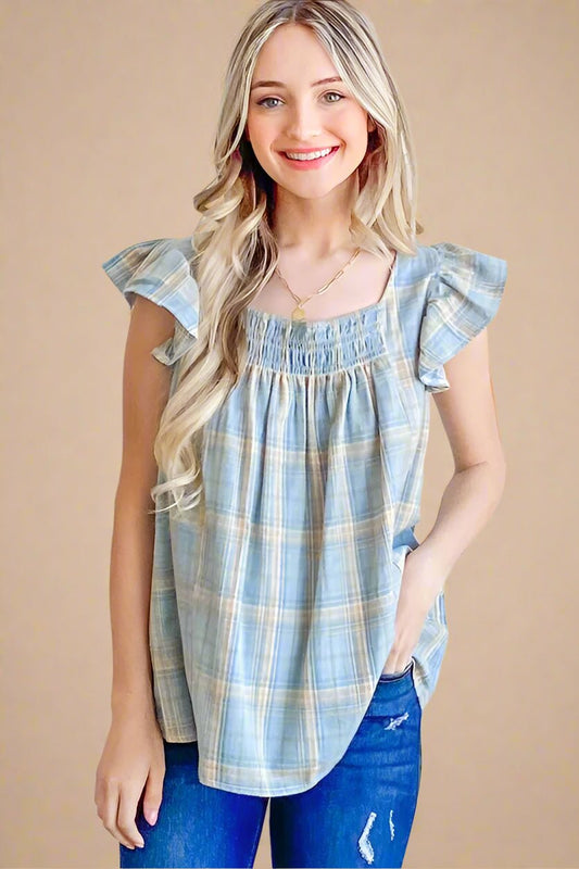 And the Why - Smocked Ruffle Sleeve Plaid Top in Soft Blue & Yellow