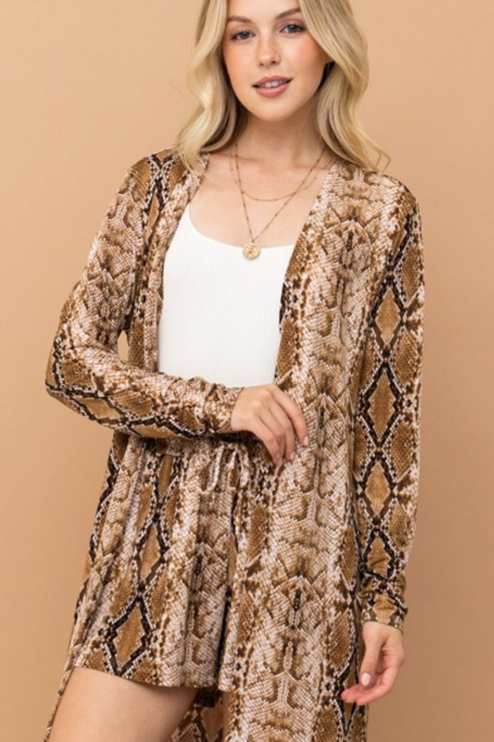 And the Why - Snake Print Open Front Longline Cardigan Kimono