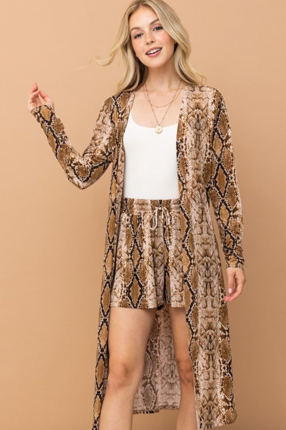 And the Why - Snake Print Open Front Longline Cardigan Kimono