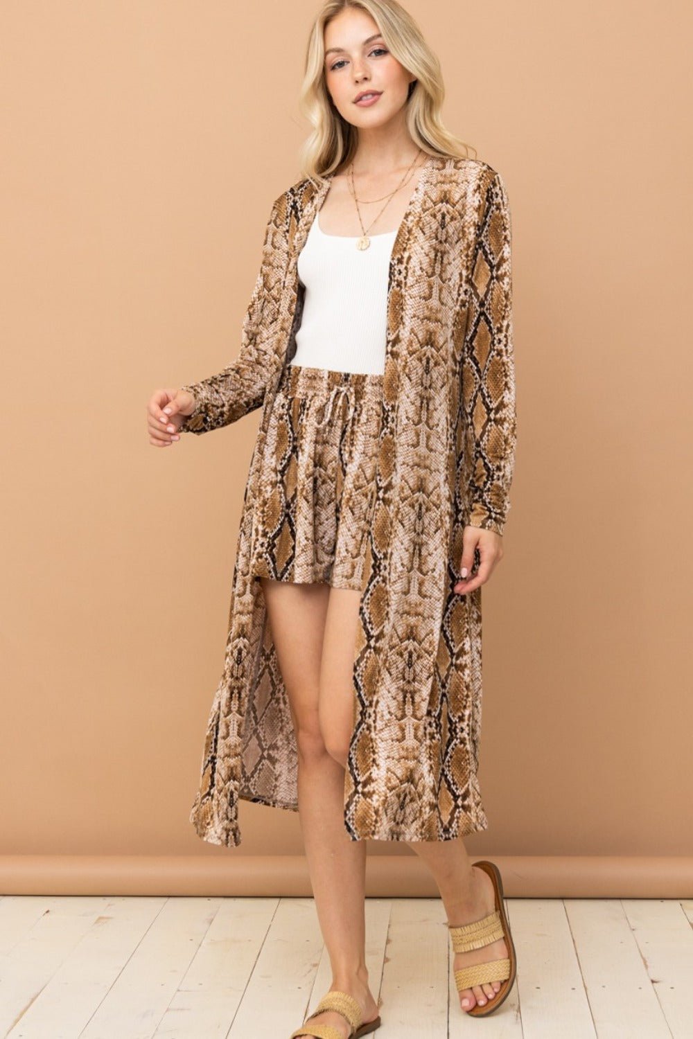 And the Why - Snake Print Open Front Longline Cardigan Kimono