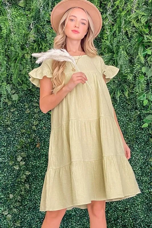 And the Why - Soft Sage Tiered Ruffle Sleeve Mini Dress