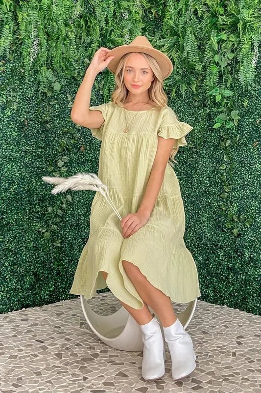 And the Why - Soft Sage Tiered Ruffle Sleeve Mini Dress