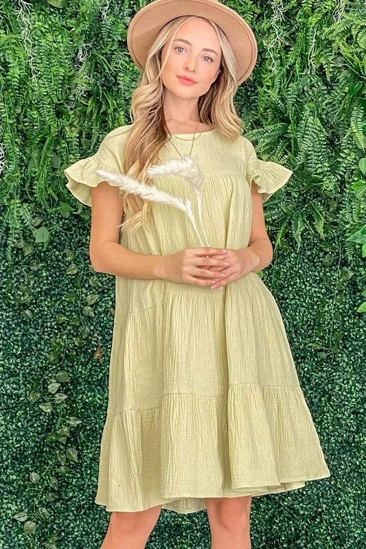 And the Why - Soft Sage Tiered Ruffle Sleeve Mini Dress